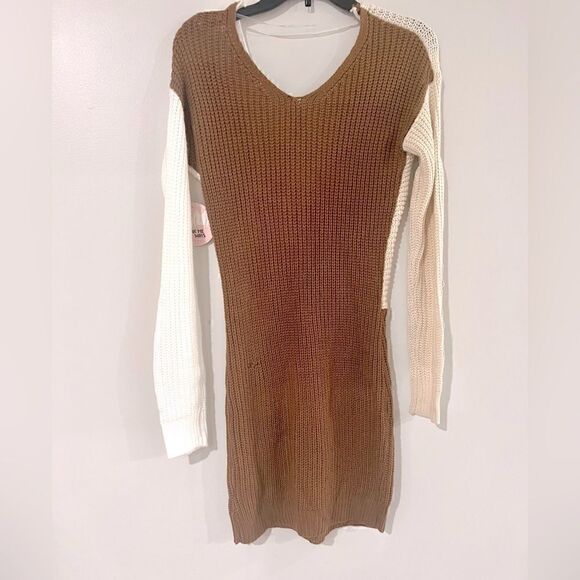 Crave Fame Juniors Colorblocked Reversible Sweater Dress Brown Cream NEW M - Picture 6 of 7
